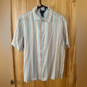 Tan and green striped short sleeve H&M button down small